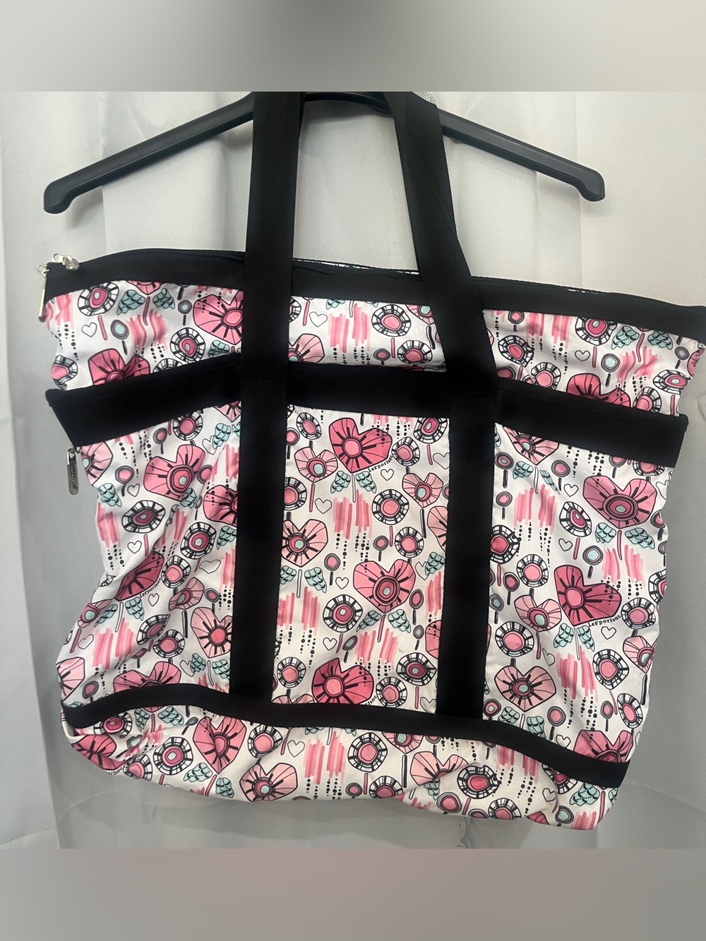 Lesportsac Pink Floral Graphic Tote with Black Trim